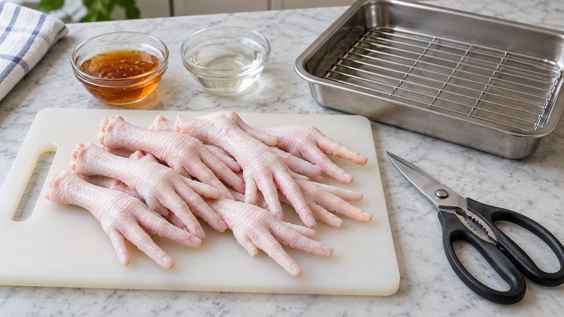 Trimmed chicken feet and tools before blanching