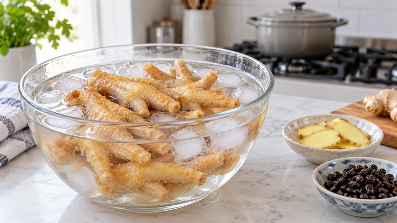 Fried chicken feet soaking away from the cooking pot