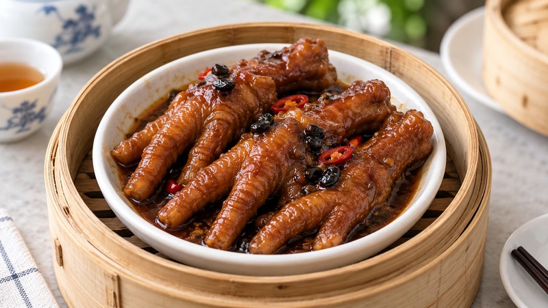 Sauce-coated dim sum chicken feet in a steaming bowl