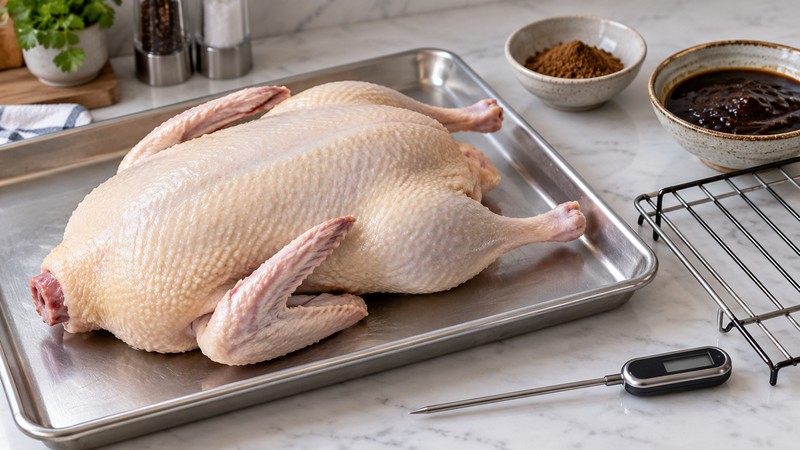 Duck, cavity spices and bean marinade on a preparation tray