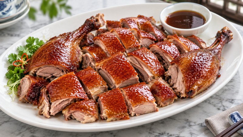 Carved Cantonese roast duck with browned skin and sauce