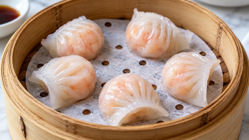 Translucent steamed har gow with pleated wrappers