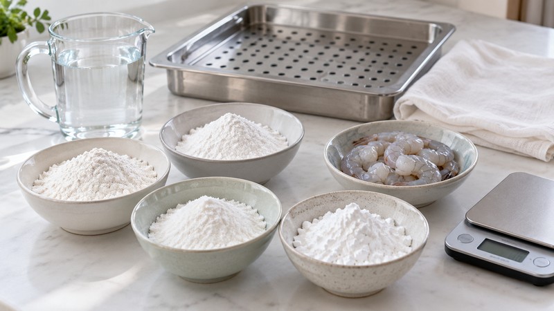 Rice flour, starches and shrimp prepared for cheung fun