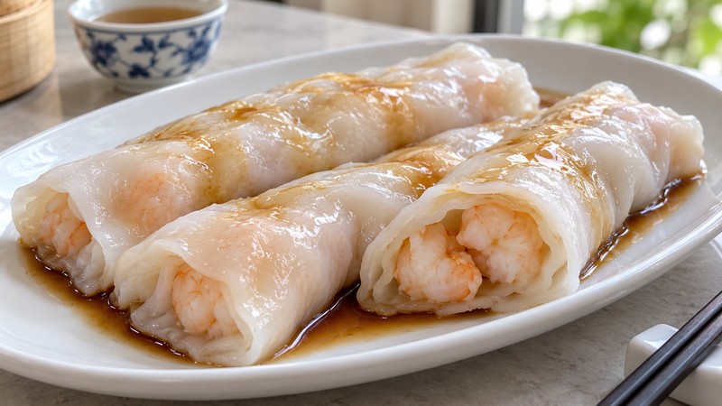 Shrimp rice rolls with a light soy-sauce coating
