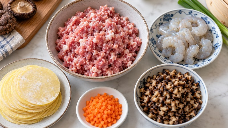 Pork, shrimp, shiitake and thin wrappers for siu mai