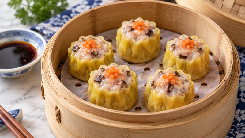 Steamed siu mai with yellow wrappers and carrot garnish