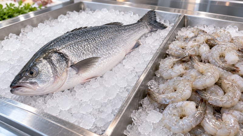 Whole fish on ice and shrimp in a separate chilled tray