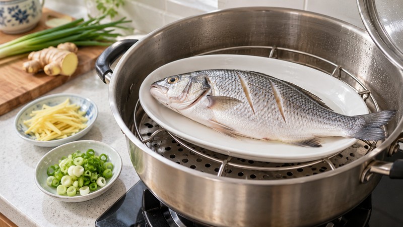 Fish on a steaming plate with ginger and scallion prepared nearby