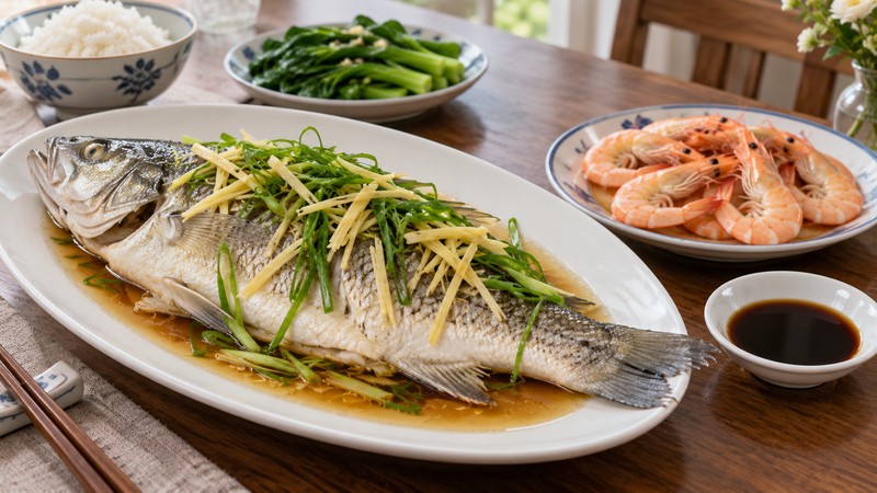 Ginger-scallion steamed fish and a separate plate of cooked shrimp