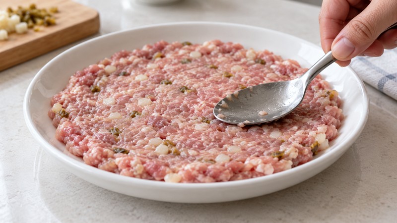 Minced pork mixture spread evenly across a shallow steaming plate