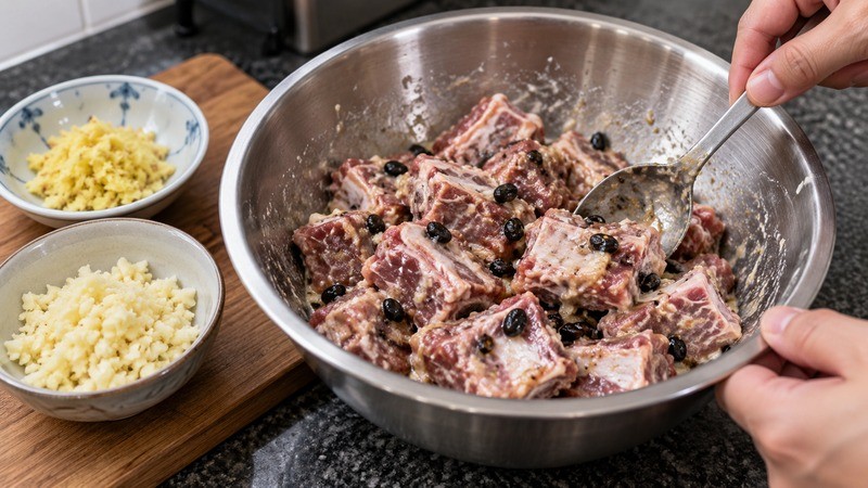 Small rib pieces coated with marinade and chopped fermented black beans