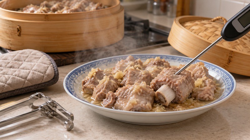 A thin thermometer probe checking meat on a steamed pork rib