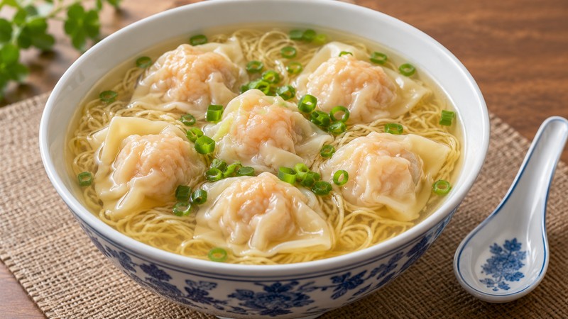 Wonton noodle soup with cooked shrimp-pork wontons and scallion