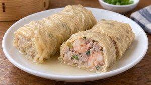 Cooked tofu-skin rolls with one cut to show the filling