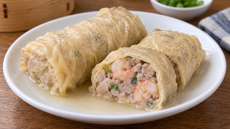 Cooked tofu-skin rolls with one cut to show the filling