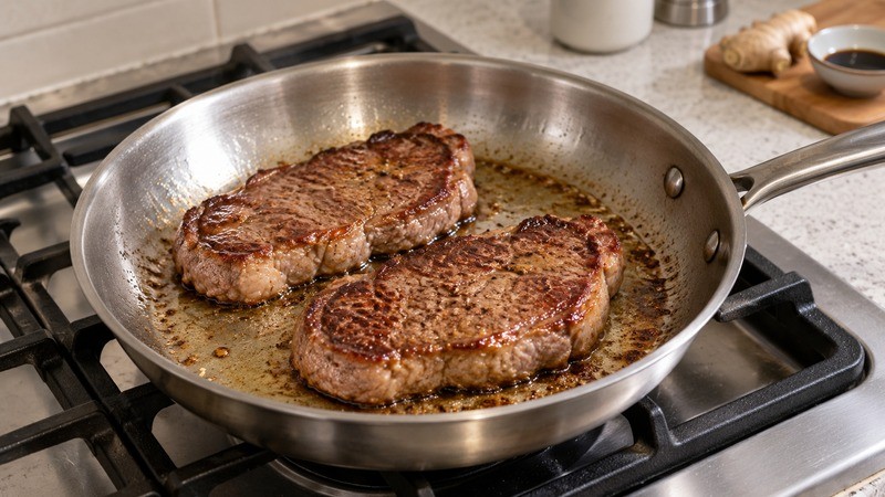 Two whole steaks searing in a stainless steel frying pan