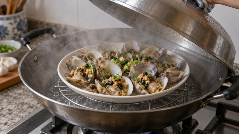 A platter of garlic-black-bean clams steaming on a rack inside a covered wok