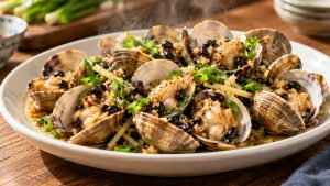 Finished Cantonese steamed clams with garlic, fermented black beans, ginger, and scallions