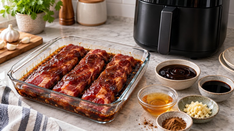 Pork shoulder strips in char siu marinade beside an air fryer