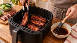 Cook turning and glazing char siu strips in an air fryer basket