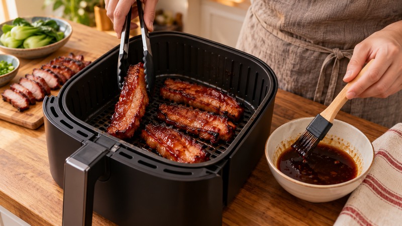 Cook turning and glazing char siu strips in an air fryer basket