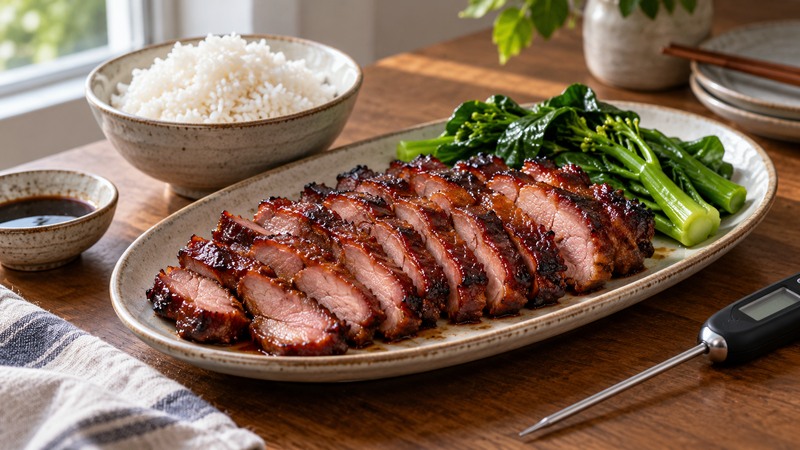 Sliced air fryer char siu served with rice and green vegetables