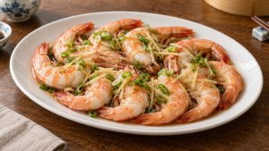 Finished ginger-scallion steamed shrimp with opaque flesh and a light soy dressing