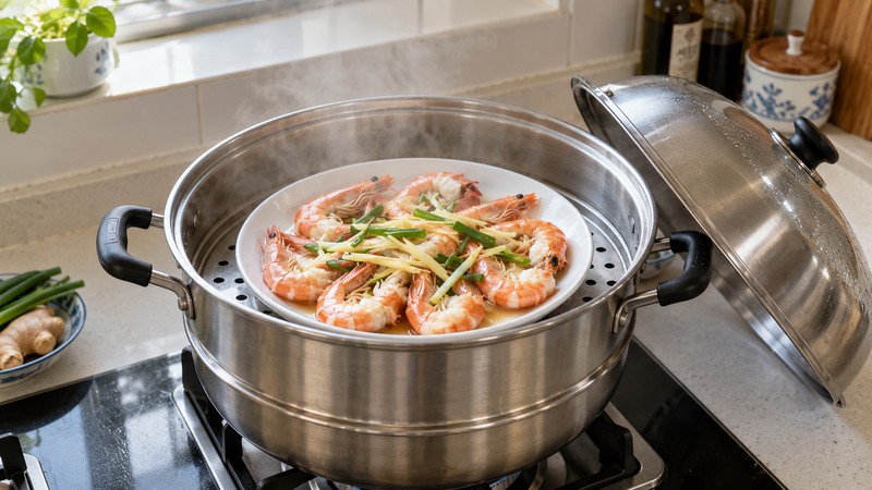 A heatproof plate of shrimp in one layer inside a steaming pot with ginger and scallion
