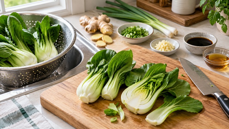 Baby bok choy being prepared with ginger, scallions, garlic, soy sauce, and sesame oil