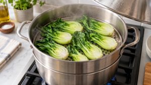 Halved baby bok choy arranged in a single layer in a stainless-steel steamer basket