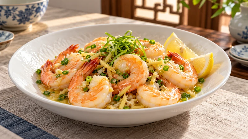 Butter-poached shrimp with ginger, scallion, and lemon in a white serving bowl