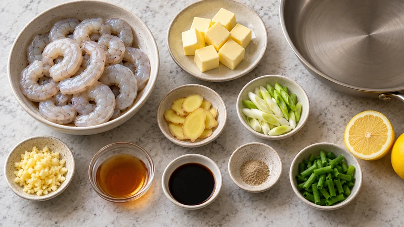 Raw shrimp, butter, ginger, scallion, garlic, lemon, white pepper, wine, and soy sauce arranged for cooking