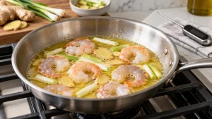 Shrimp gently poaching in butter with ginger and scallion in a shallow skillet